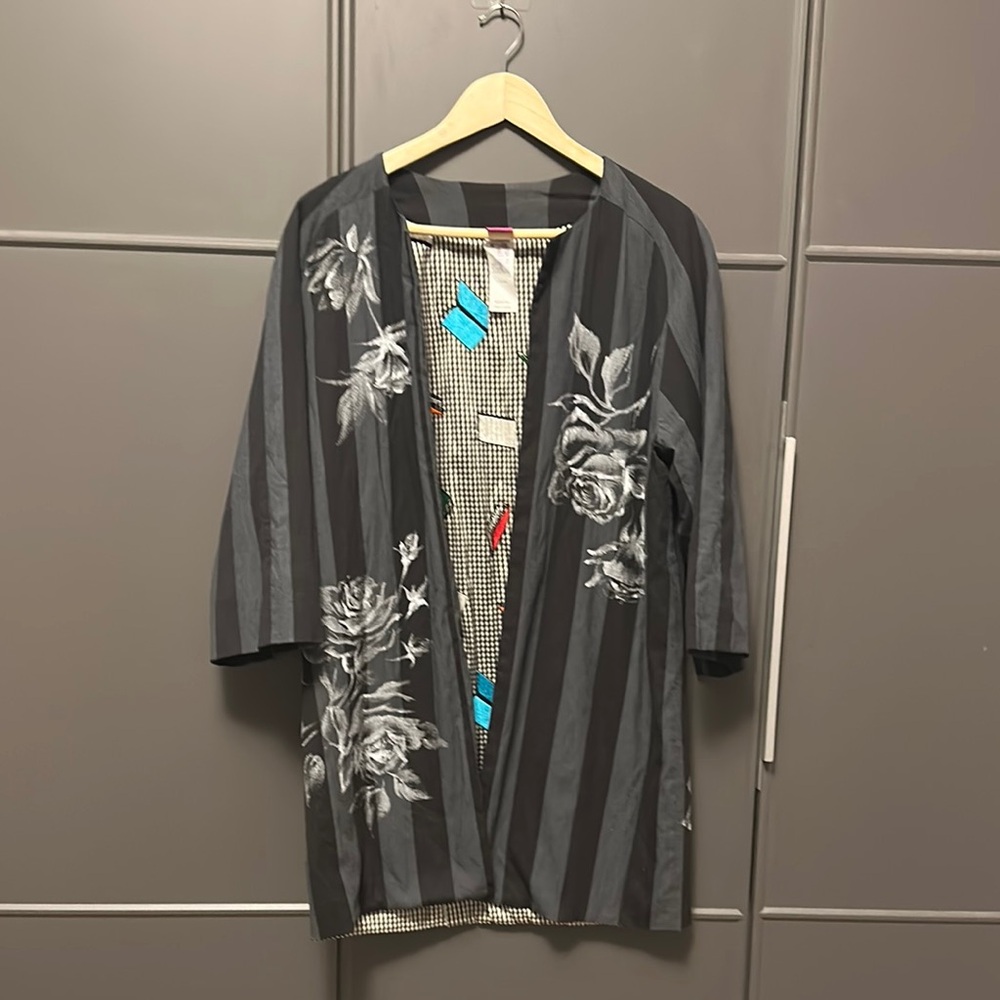 Save The Queen Black and Gray Pea Coat with Floral Embroidery